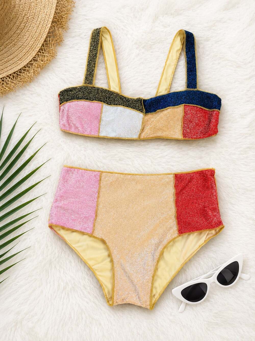 Multicolor Metallic Shimmer Color-Block High-Waist Bikini Set